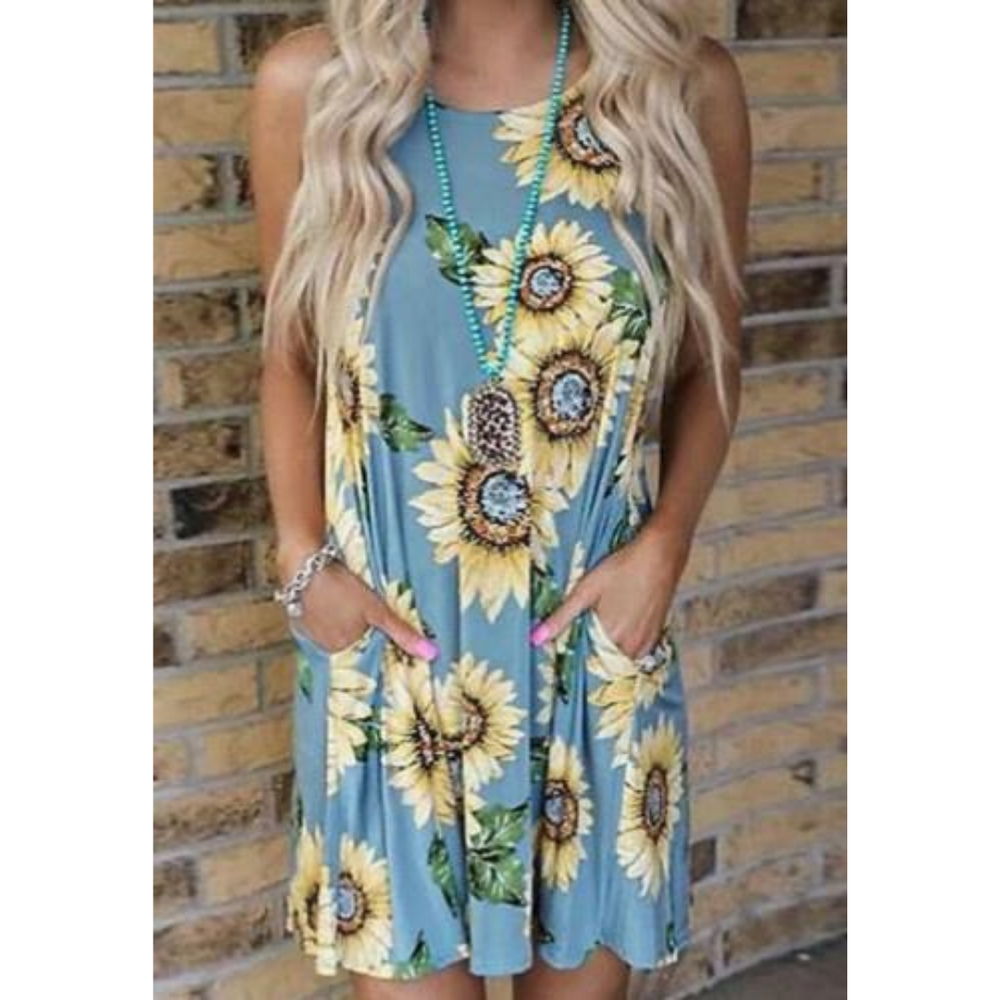 Blue Sunflower Sundress - Sleeveless with pockets