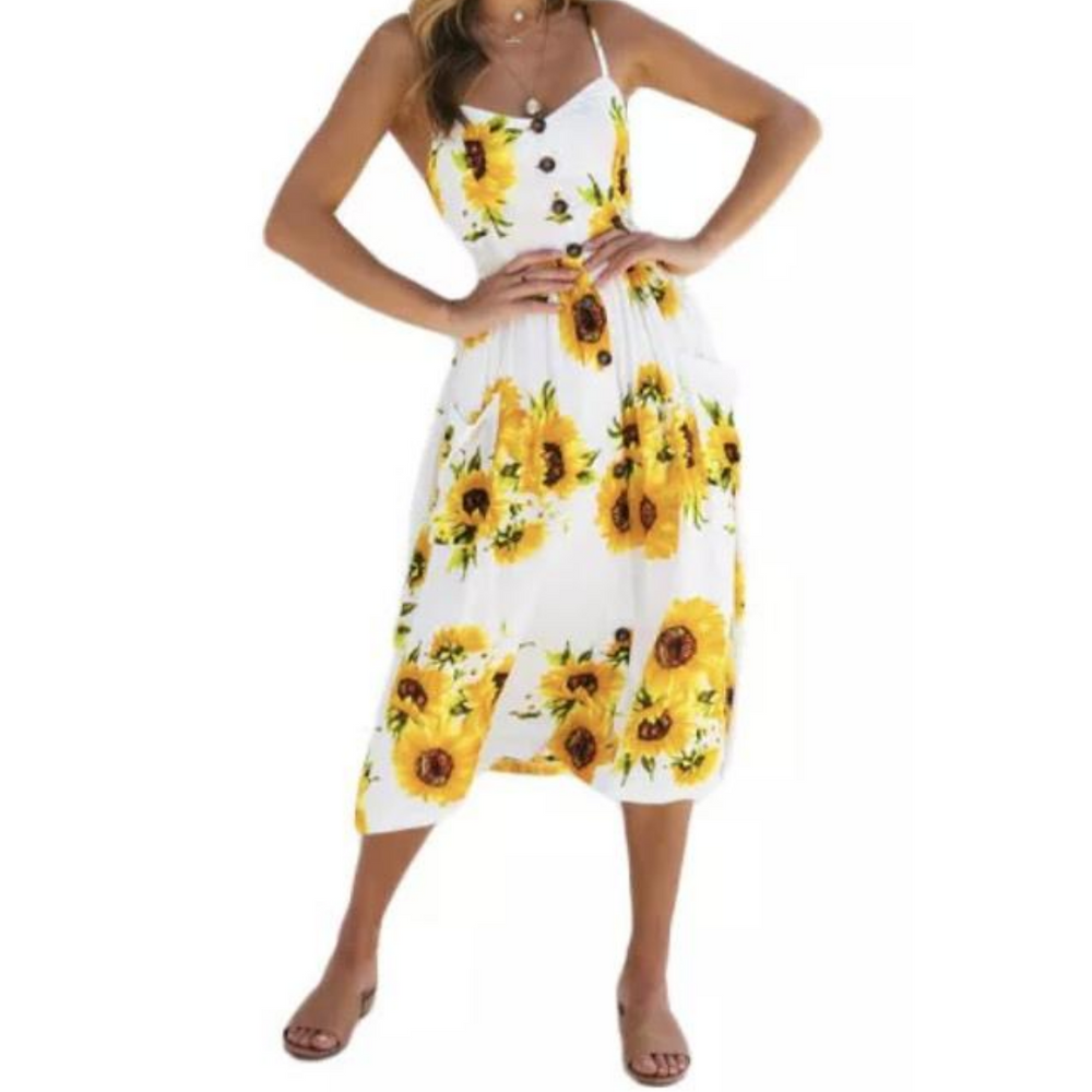 White Sunflower Sundress - Sleeveless with buttons and pockets