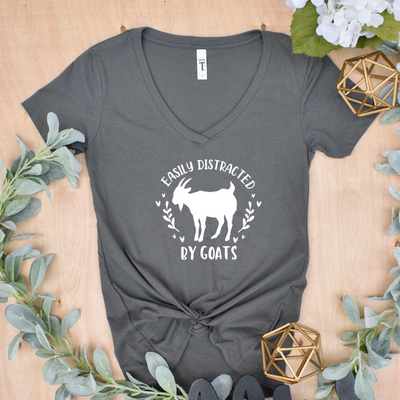Easily Distracted By Goats Grey V Neck Tee