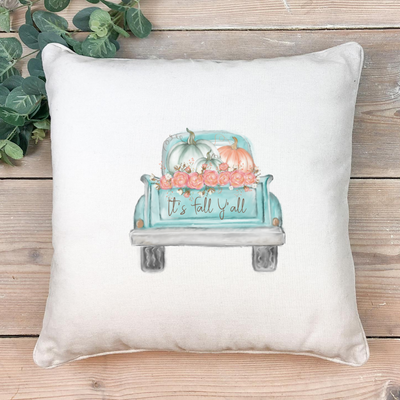 It's Fall Y'all Pumpkin Truck Square White Throw Pillow Cover
